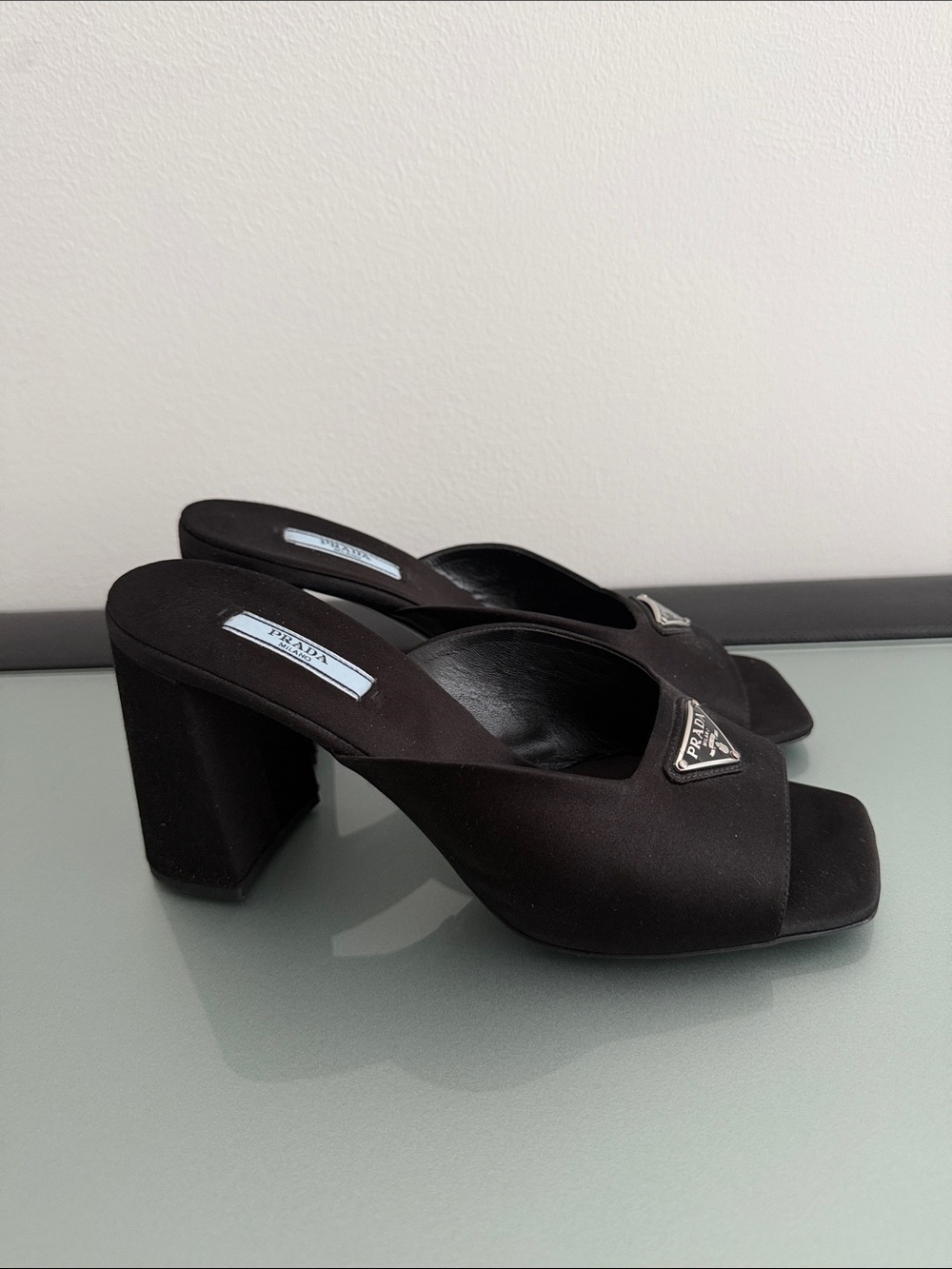 Prada Black Satin Logo Mule Heels with Silver Plaque Size 38 - Picture 2 of 8